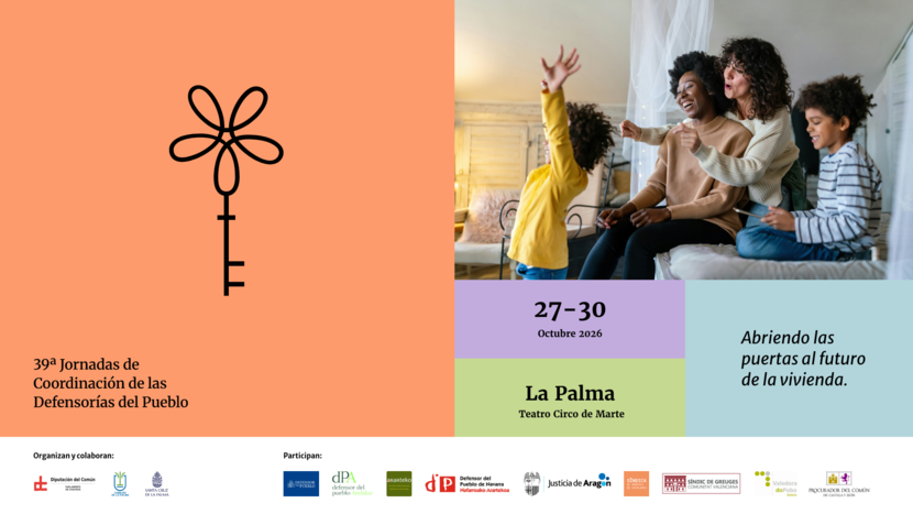 Cartel de unas jornadas con un dibujo de llave con forma de flor y una familia sentada en una cama.