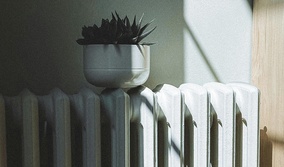 Una maceta blanca con una planta suculenta sobre un radiador de pared, con sombras diagonales de luz sobre la pared.